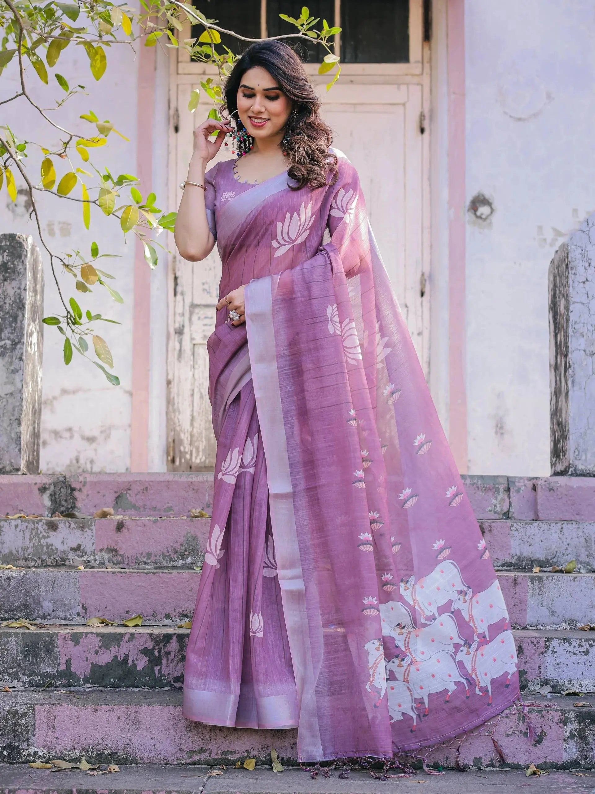 Printed purple soft linen cotton saree – Kalyanja.